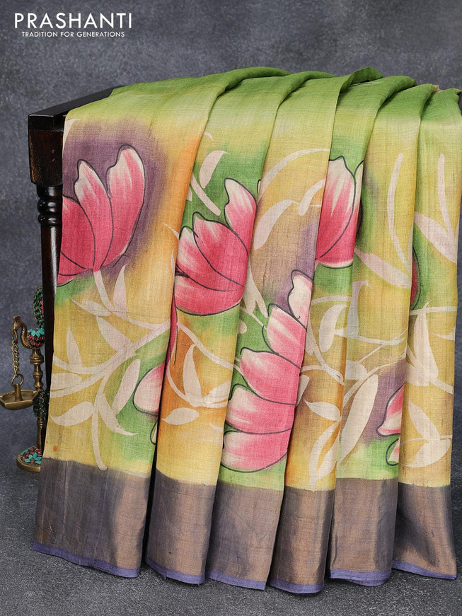 Pure tussar silk saree light green and blue with hand painted floral prints and zari woven border - {{ collection.title }} by Prashanti Sarees