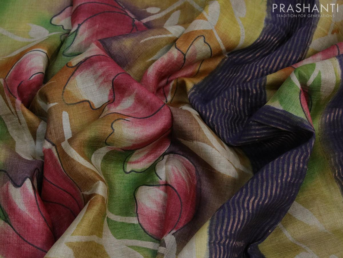 Pure tussar silk saree light green and blue with hand painted floral prints and zari woven border - {{ collection.title }} by Prashanti Sarees