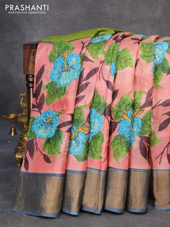 Pure tussar silk saree light pink and greyish blue light green with allover kalamkari prints & french knot work and zari woven border - {{ collection.title }} by Prashanti Sarees
