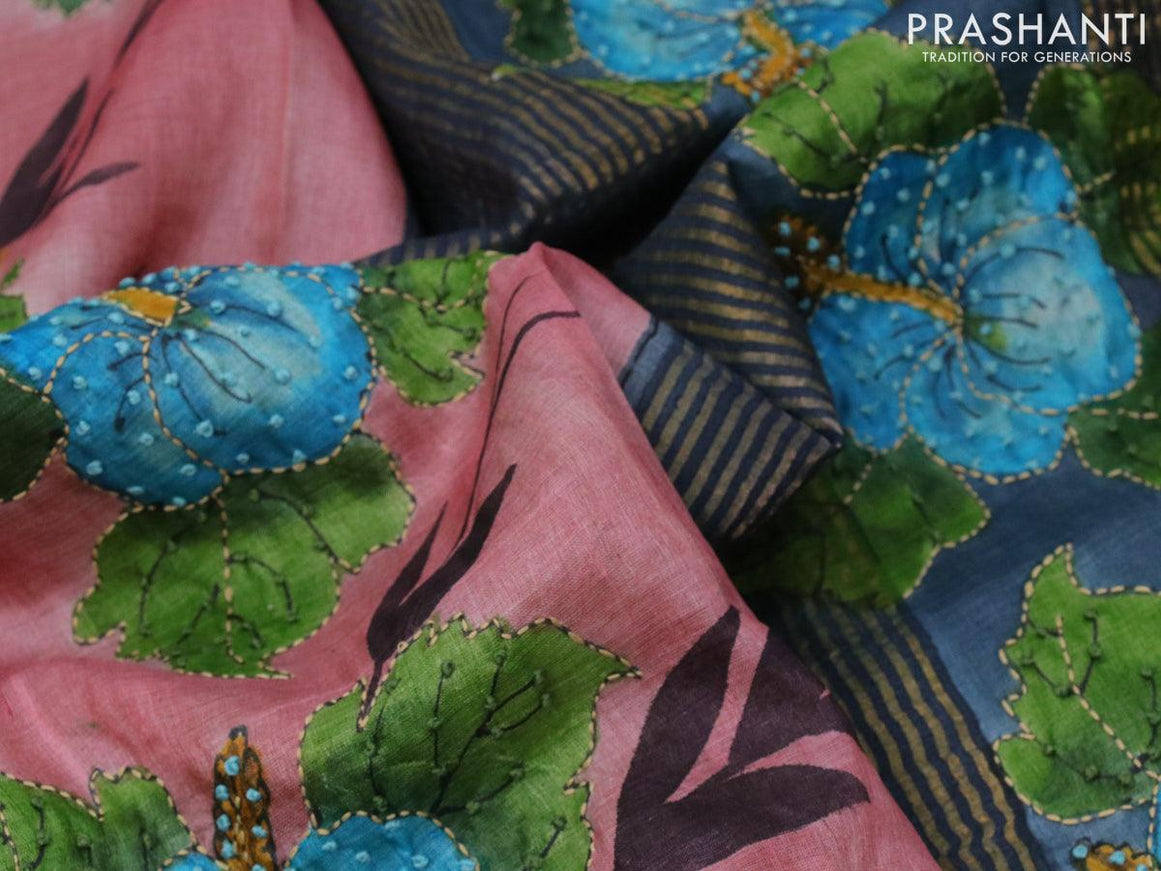 Pure tussar silk saree light pink and greyish blue light green with allover kalamkari prints & french knot work and zari woven border - {{ collection.title }} by Prashanti Sarees