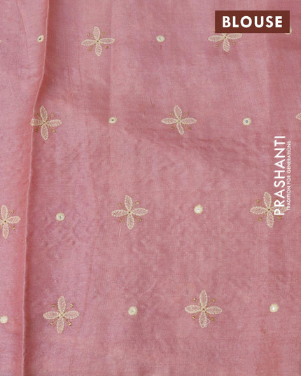 Pure tussar silk saree light pink with allover floral lucknowi work and crocia lace border - {{ collection.title }} by Prashanti Sarees