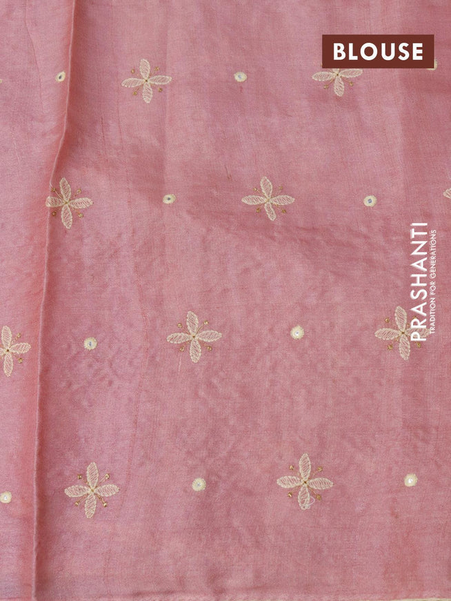 Pure tussar silk saree light pink with allover floral lucknowi work and crocia lace border - {{ collection.title }} by Prashanti Sarees