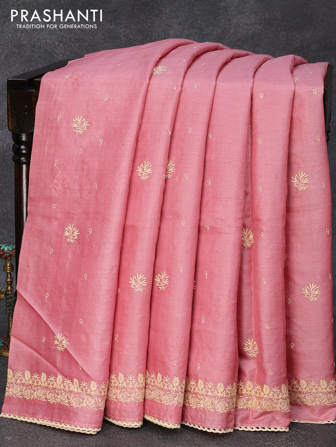 Pure tussar silk saree light pink with allover floral lucknowi work and embroidery work border - {{ collection.title }} by Prashanti Sarees