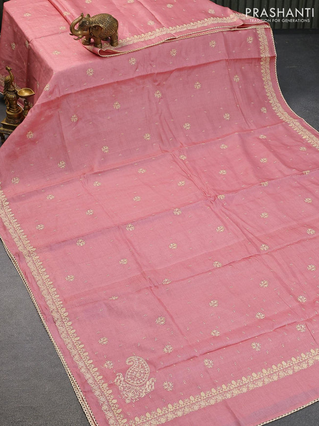 Pure tussar silk saree light pink with allover floral lucknowi work and embroidery work border - {{ collection.title }} by Prashanti Sarees