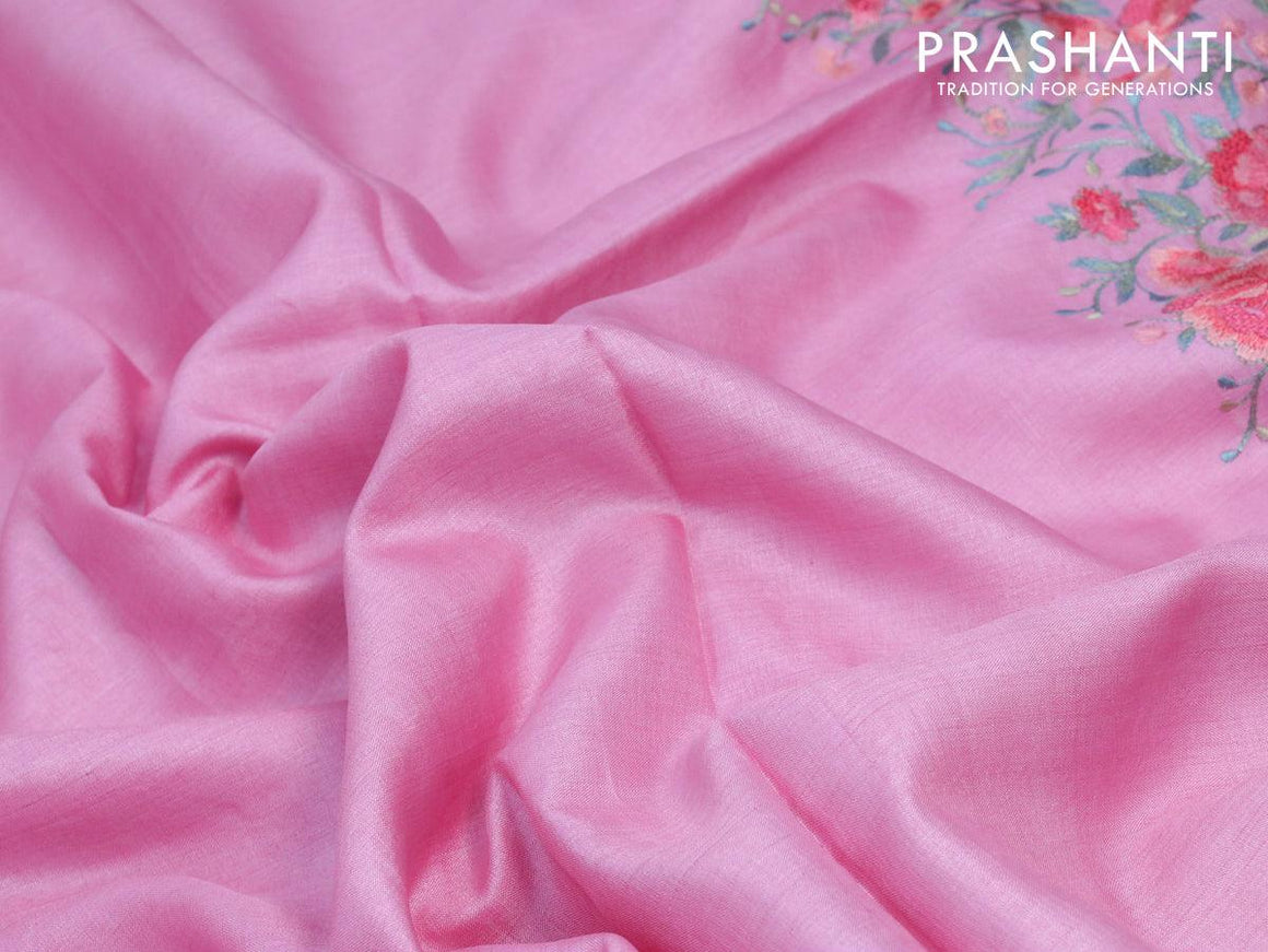 Pure tussar silk saree light pink with plain body and floral design embroidery work border - {{ collection.title }} by Prashanti Sarees