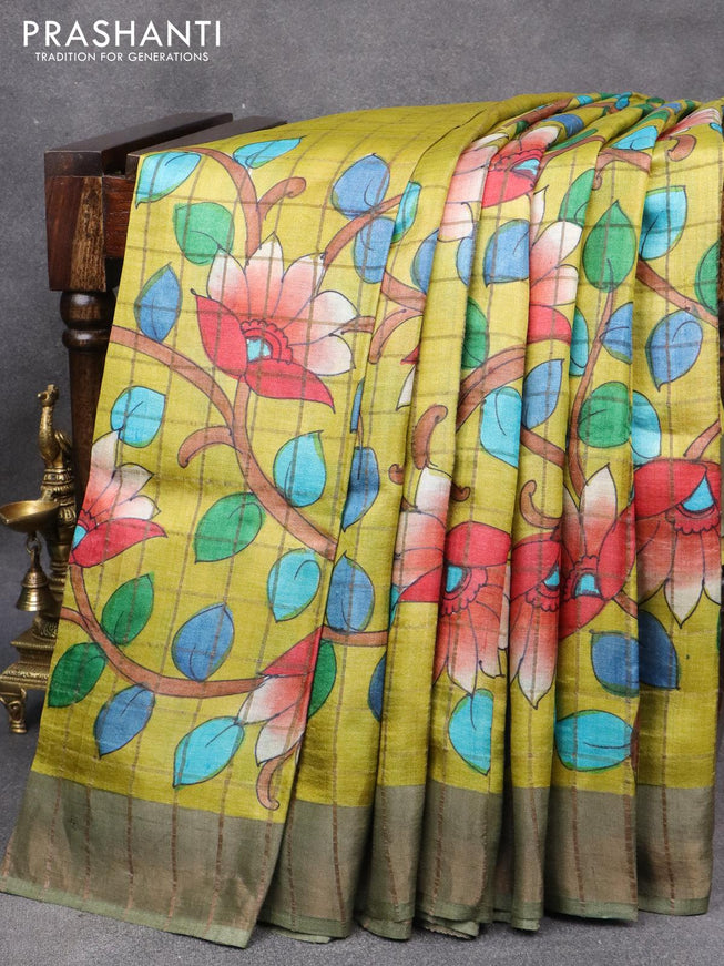 Pure tussar silk saree lime green and grey shade with allover zari checks & kalamkari prints and zari woven border - {{ collection.title }} by Prashanti Sarees