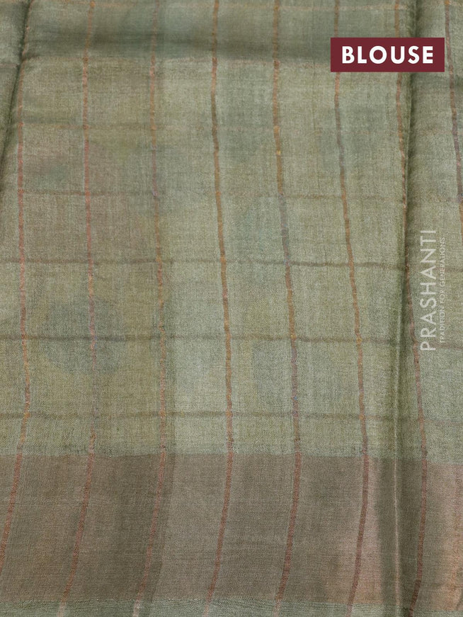 Pure tussar silk saree lime green and grey shade with allover zari checks & kalamkari prints and zari woven border - {{ collection.title }} by Prashanti Sarees
