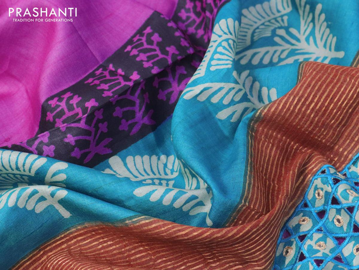 Pure tussar silk saree magenta pink and blue with allover prints & mirror work and cut work pallu - {{ collection.title }} by Prashanti Sarees