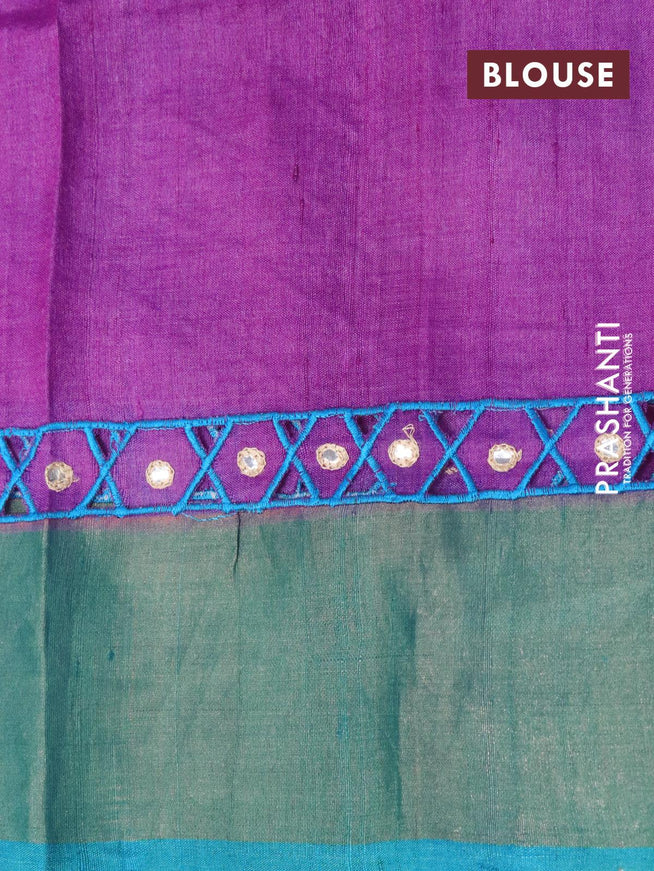 Pure tussar silk saree magenta pink and blue with allover prints & mirror work and cut work pallu - {{ collection.title }} by Prashanti Sarees
