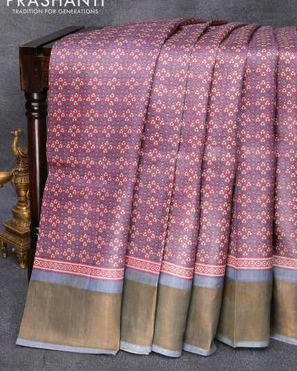 Pure tussar silk saree magenta pink and grey with allover prints and zari woven border - {{ collection.title }} by Prashanti Sarees