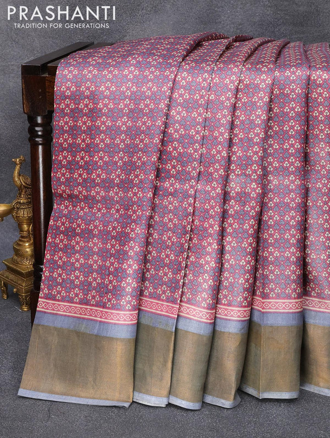 Pure tussar silk saree magenta pink and grey with allover prints and zari woven border - {{ collection.title }} by Prashanti Sarees