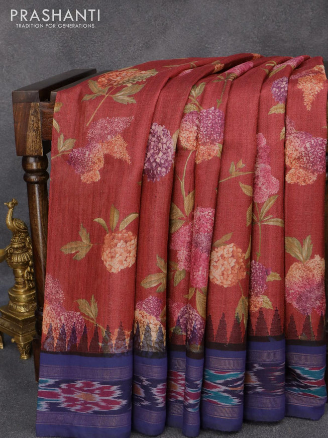 Pure tussar silk saree maroon and blue with allover floral prints and temple design vidarbha border - {{ collection.title }} by Prashanti Sarees