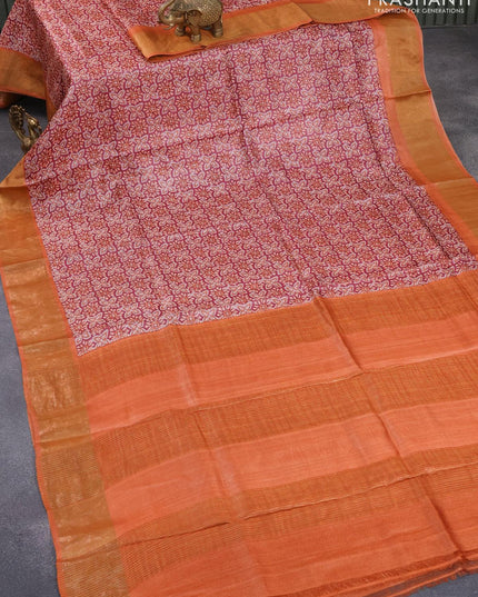 Pure tussar silk saree maroon and orange with allover prints and zari woven border - {{ collection.title }} by Prashanti Sarees