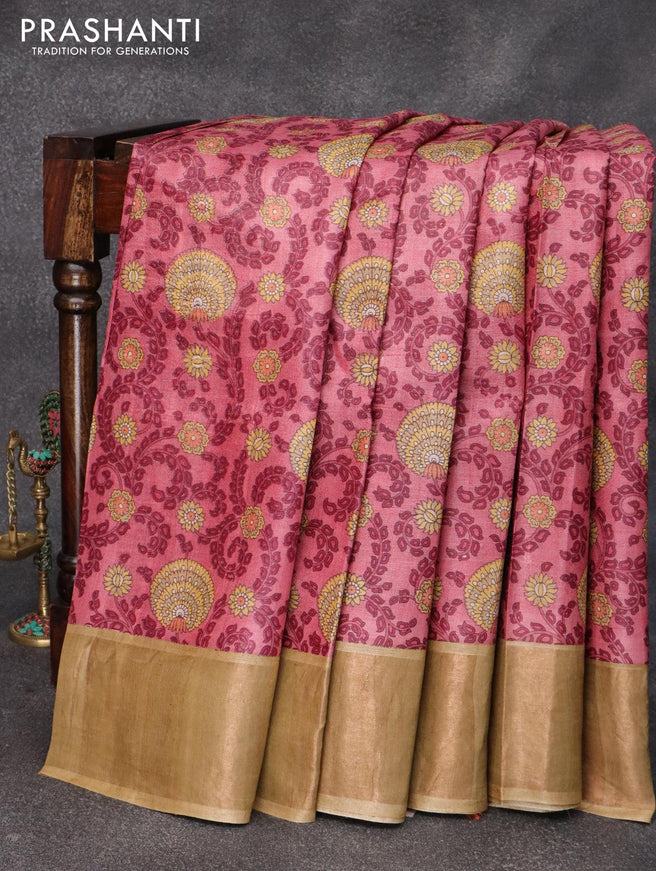 Pure tussar silk saree maroon shade and beige with allover prints and zari woven border - {{ collection.title }} by Prashanti Sarees