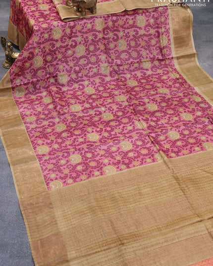 Pure tussar silk saree maroon shade and beige with allover prints and zari woven border - {{ collection.title }} by Prashanti Sarees