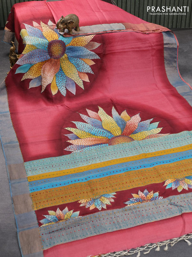Pure tussar silk saree maroon shade and blue shade with floral prints & french knot work and zari woven border - {{ collection.title }} by Prashanti Sarees