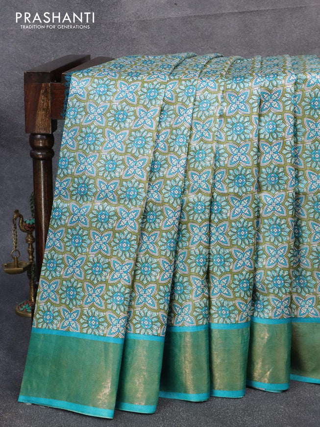 Pure tussar silk saree mehendi green and teal blue with allover prints and zari woven border - {{ collection.title }} by Prashanti Sarees