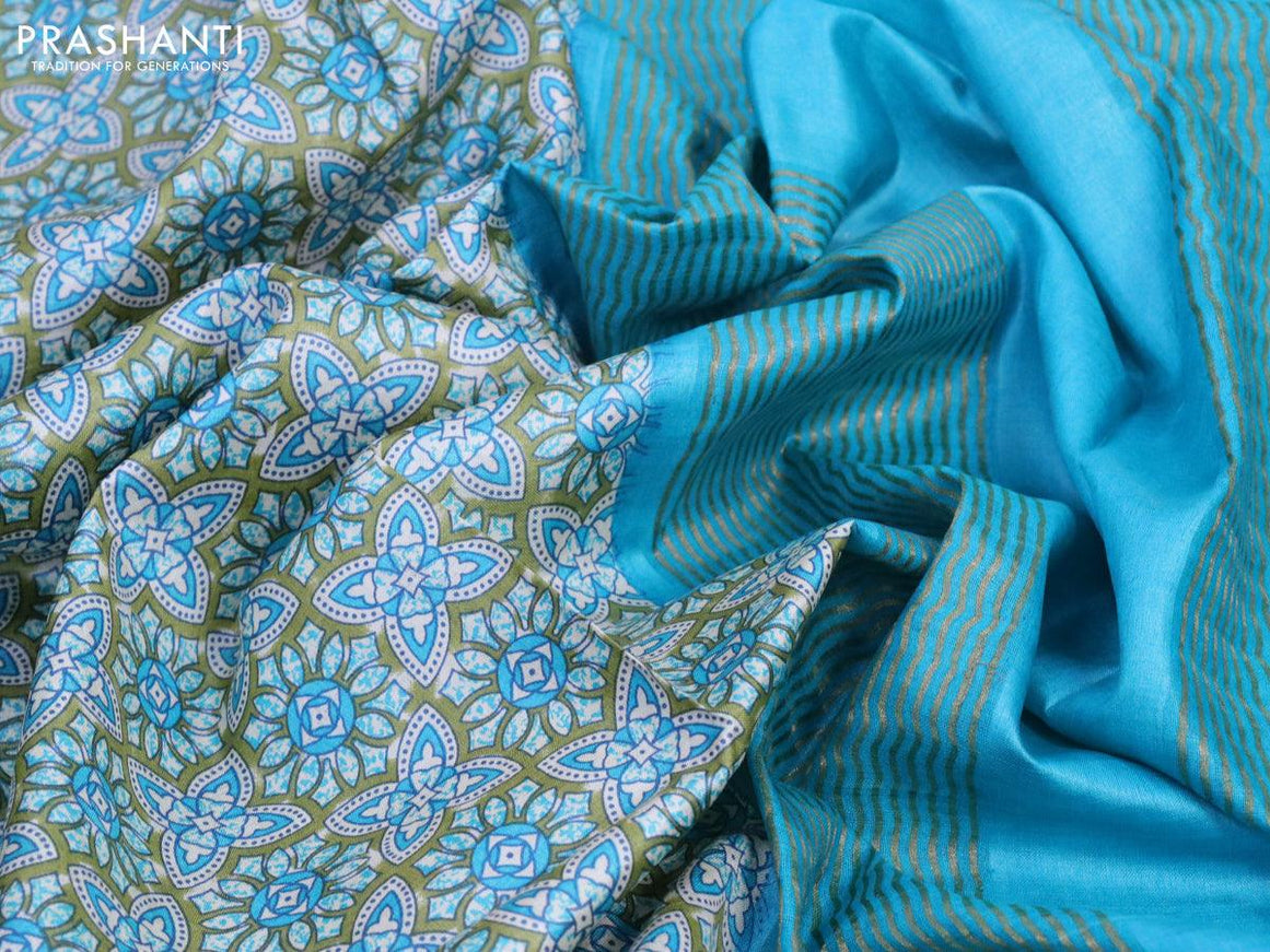 Pure tussar silk saree mehendi green and teal blue with allover prints and zari woven border - {{ collection.title }} by Prashanti Sarees