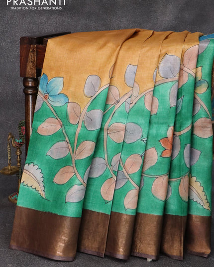 Pure tussar silk saree multi colour and deep coffee brown with hand painted kalamkari prints and zari woven border - {{ collection.title }} by Prashanti Sarees