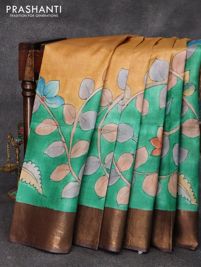 Pure tussar silk saree multi colour and deep coffee brown with hand painted kalamkari prints and zari woven border - {{ collection.title }} by Prashanti Sarees