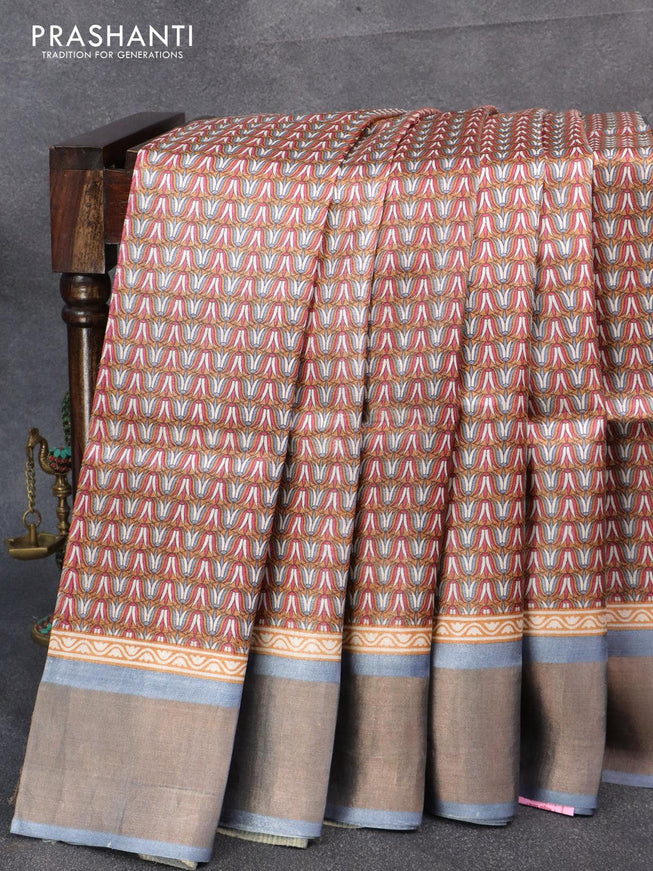 Pure tussar silk saree multi colour and grey with allover floral prints and zari woven border - {{ collection.title }} by Prashanti Sarees