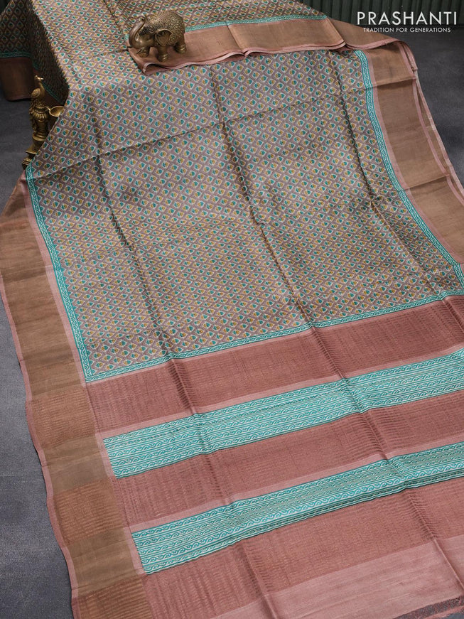 Pure tussar silk saree multi colour and pastel brown with allover floral prints and zari woven border - {{ collection.title }} by Prashanti Sarees
