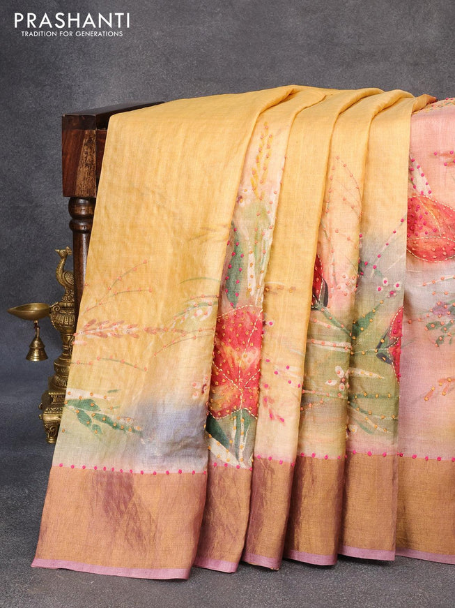 Pure tussar silk saree multi colour and pastel purple with floral prints & french knot work and zari woven border - {{ collection.title }} by Prashanti Sarees