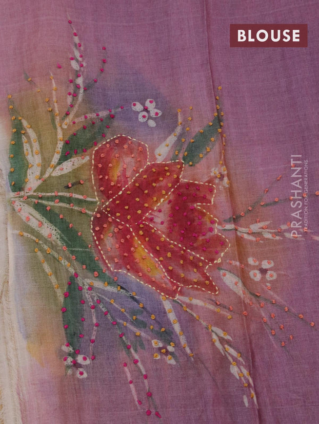 Pure tussar silk saree multi colour and pastel purple with floral prints & french knot work and zari woven border - {{ collection.title }} by Prashanti Sarees