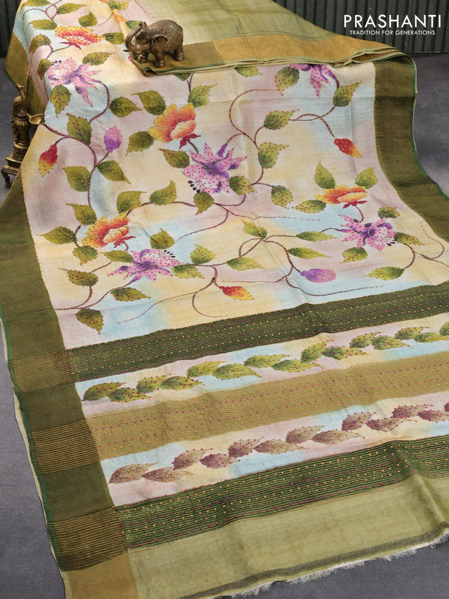 Pure tussar silk saree multi colour and sap green with floral prints & french knot work and zari woven border - {{ collection.title }} by Prashanti Sarees