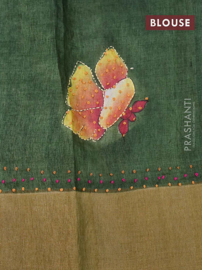 Pure tussar silk saree multi colour and sap green with floral prints & french knot work and zari woven border - {{ collection.title }} by Prashanti Sarees