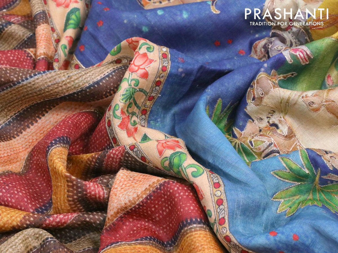Pure tussar silk saree multi colour with allover prints & sequin work and pichwai prints embroidery work border - {{ collection.title }} by Prashanti Sarees