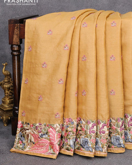 Pure tussar silk saree mustard shade with allover floral embroidery buttas and embroidery work border - {{ collection.title }} by Prashanti Sarees