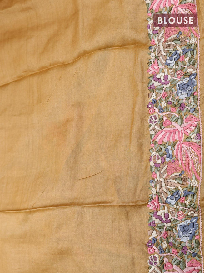 Pure tussar silk saree mustard shade with allover floral embroidery buttas and embroidery work border - {{ collection.title }} by Prashanti Sarees
