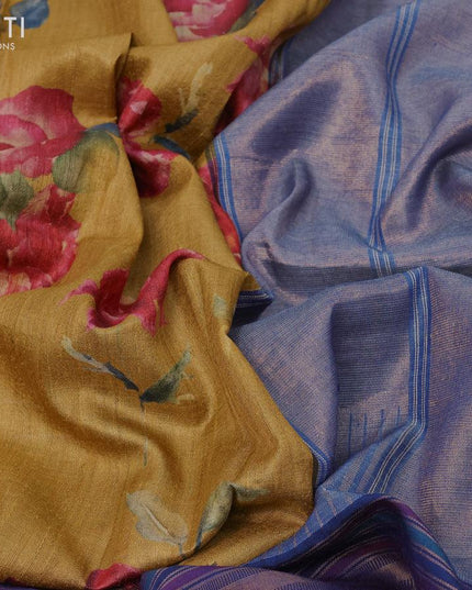 Pure tussar silk saree mustard yellow and blue with allover floral prints and temple design zari woven border - {{ collection.title }} by Prashanti Sarees