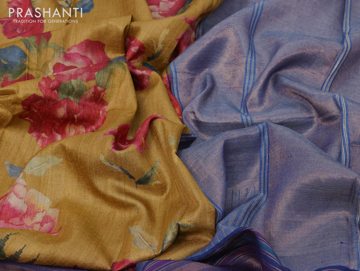 Pure tussar silk saree mustard yellow and blue with allover floral prints and temple design zari woven border - {{ collection.title }} by Prashanti Sarees
