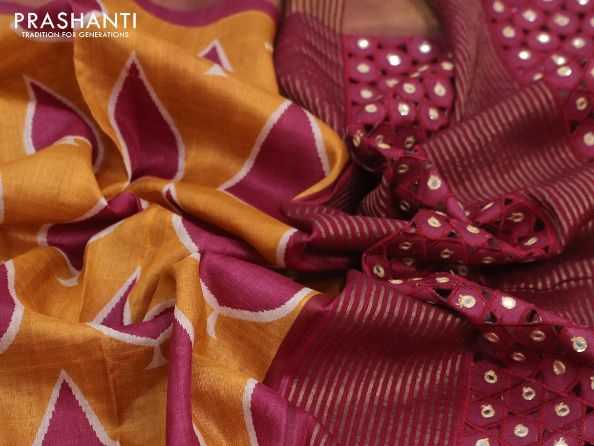 Pure tussar silk saree mustard yellow and dark magenta pink with tilak butta prints & mirror work and cut work pallu - {{ collection.title }} by Prashanti Sarees