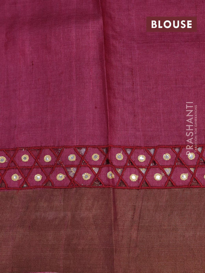 Pure tussar silk saree mustard yellow and dark magenta pink with tilak butta prints & mirror work and cut work pallu - {{ collection.title }} by Prashanti Sarees