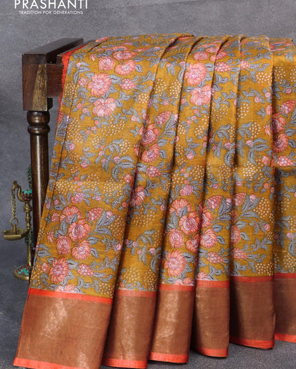 Pure tussar silk saree mustard yellow and red with allover floral prints and zari woven border - {{ collection.title }} by Prashanti Sarees