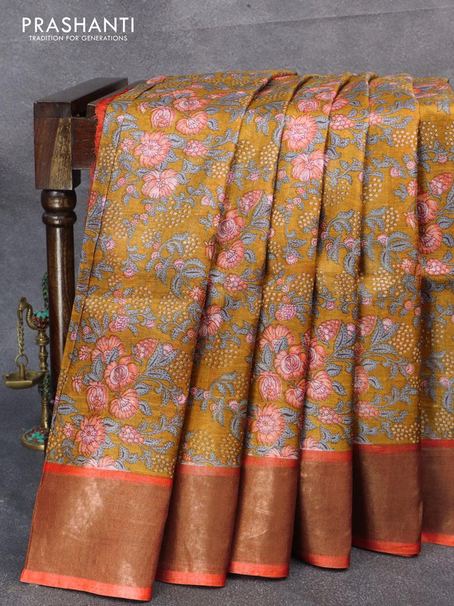 Pure tussar silk saree mustard yellow and red with allover floral prints and zari woven border - {{ collection.title }} by Prashanti Sarees