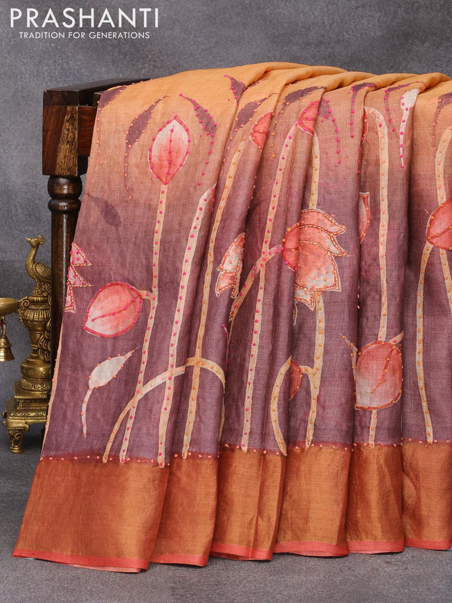 Pure tussar silk saree pale orange and red shade with floral prints & french knot work and zari woven border - {{ collection.title }} by Prashanti Sarees