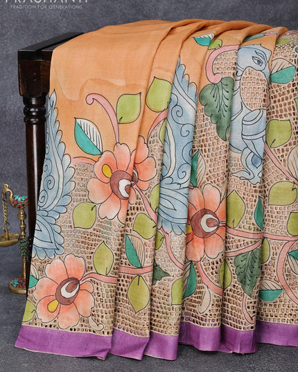 Pure tussar silk saree pale orange and violet with allover kalamkari prints and cut work - {{ collection.title }} by Prashanti Sarees