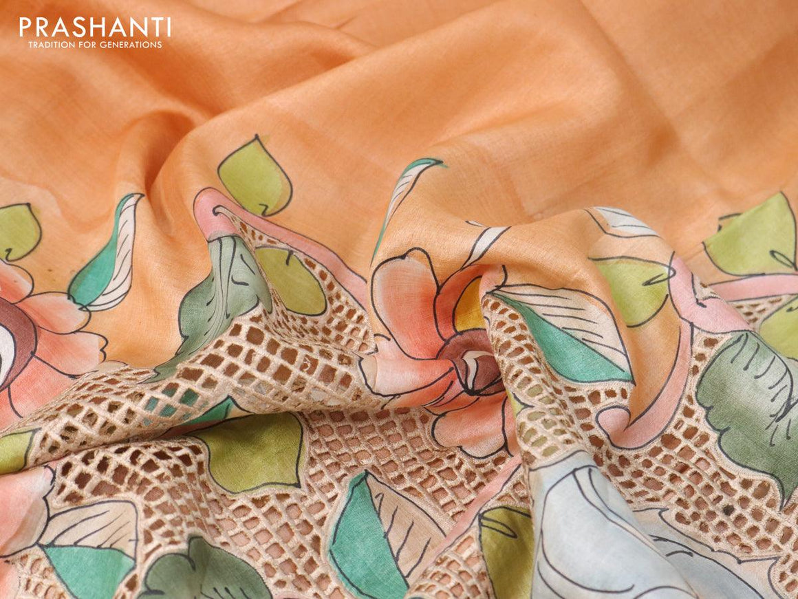 Pure tussar silk saree pale orange and violet with allover kalamkari prints and cut work - {{ collection.title }} by Prashanti Sarees
