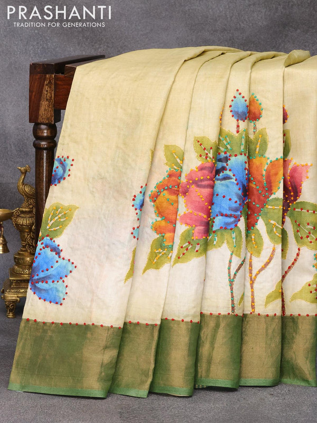 Pure tussar silk saree pale yellow and sap green with floral prints & french knot work and zari woven border - {{ collection.title }} by Prashanti Sarees