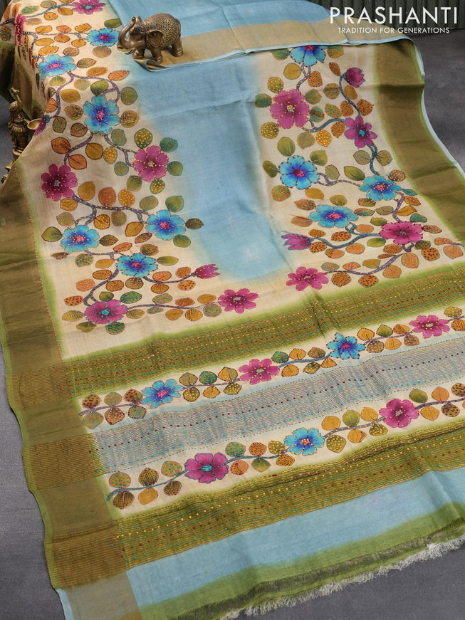 Pure tussar silk saree pastel blue beige and light green with floral prints & french knot work and zari woven border - {{ collection.title }} by Prashanti Sarees