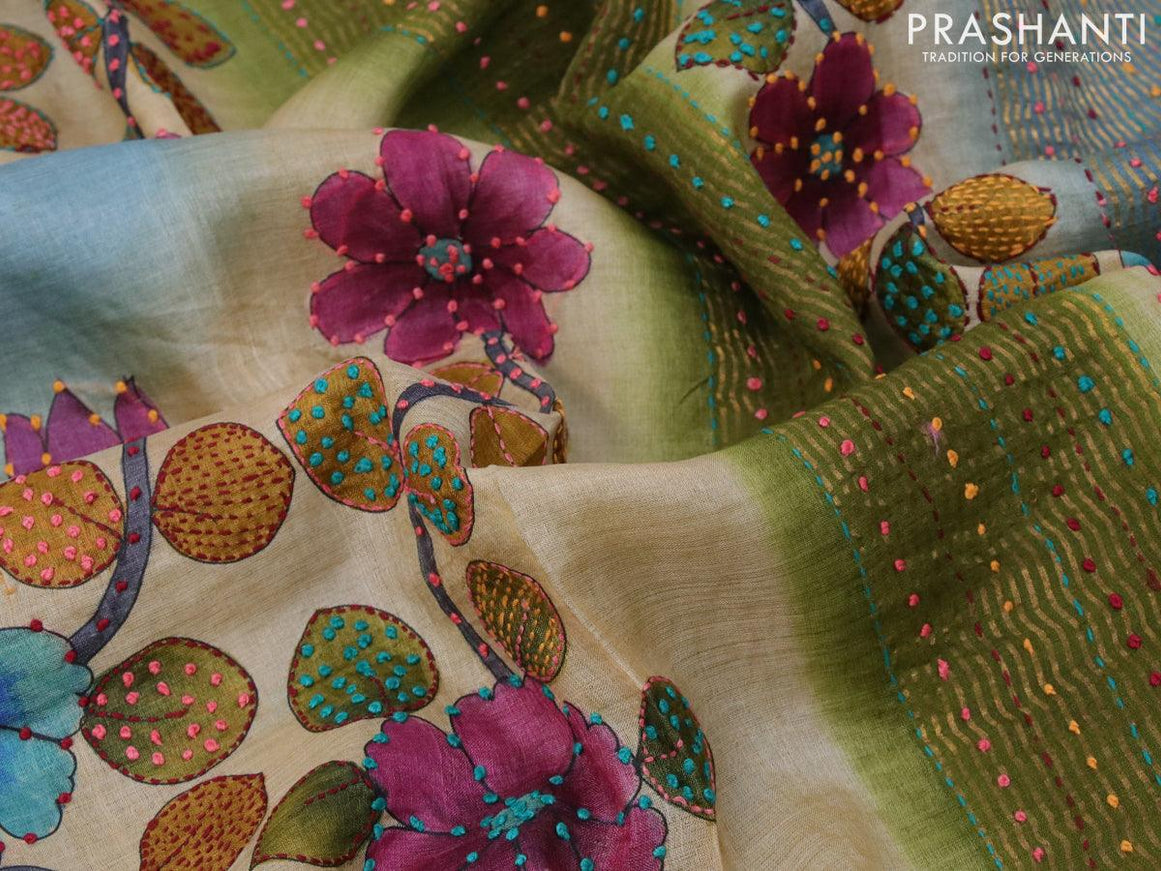 Pure tussar silk saree pastel blue beige and light green with floral prints & french knot work and zari woven border - {{ collection.title }} by Prashanti Sarees