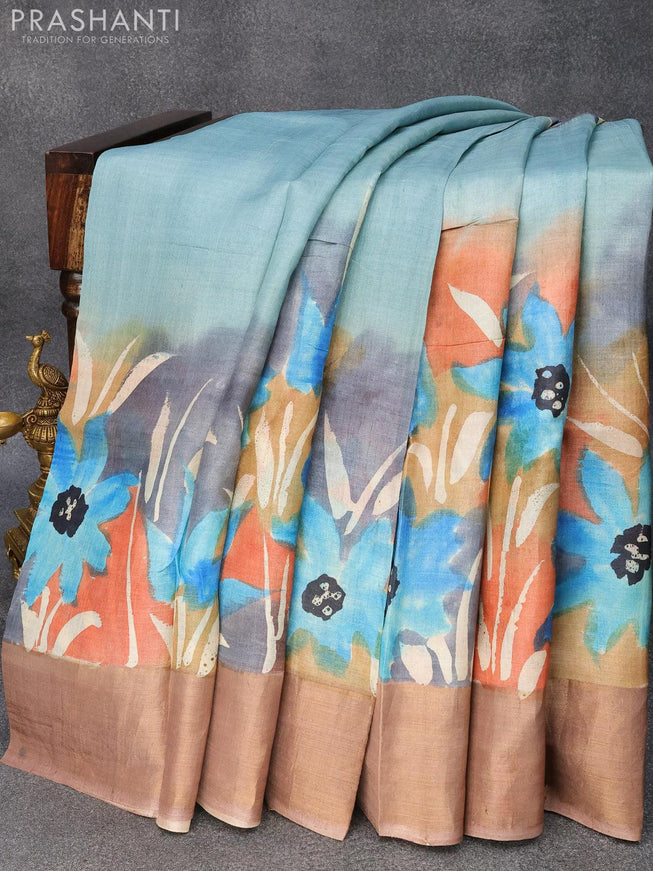 Pure tussar silk saree pastel blue shade and brown shade with hand painted floral prints and zari woven border - {{ collection.title }} by Prashanti Sarees