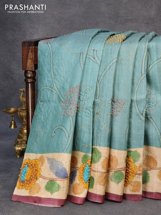 Pure tussar silk saree pastel blue shade and deep wine shade with allover kalamkari prints & french knot work and simple border - {{ collection.title }} by Prashanti Sarees