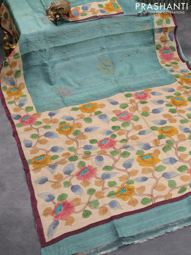 Pure tussar silk saree pastel blue shade and deep wine shade with allover kalamkari prints & french knot work and simple border - {{ collection.title }} by Prashanti Sarees