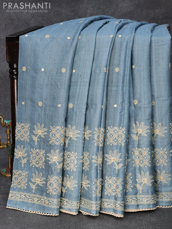 Pure tussar silk saree pastel blue shade with allover floral lucknowi work and crocia lace border - {{ collection.title }} by Prashanti Sarees