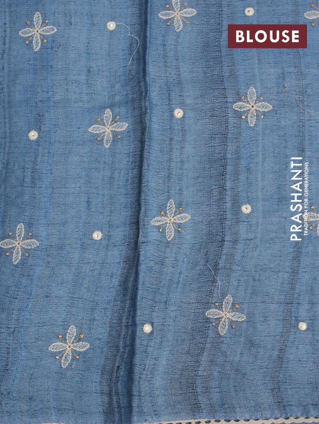 Pure tussar silk saree pastel blue shade with allover floral lucknowi work and crocia lace border - {{ collection.title }} by Prashanti Sarees